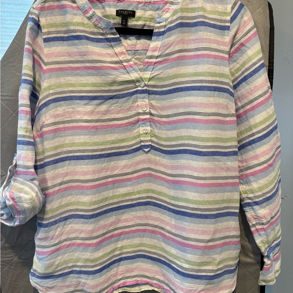 Talbots 100% Linen Multicolor Striped Tunic coastal nautical preppy